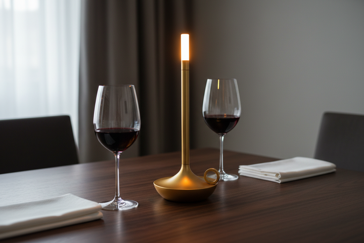 minimalist aluminum touch candle lamp gold on dining table romantic dinner setting
