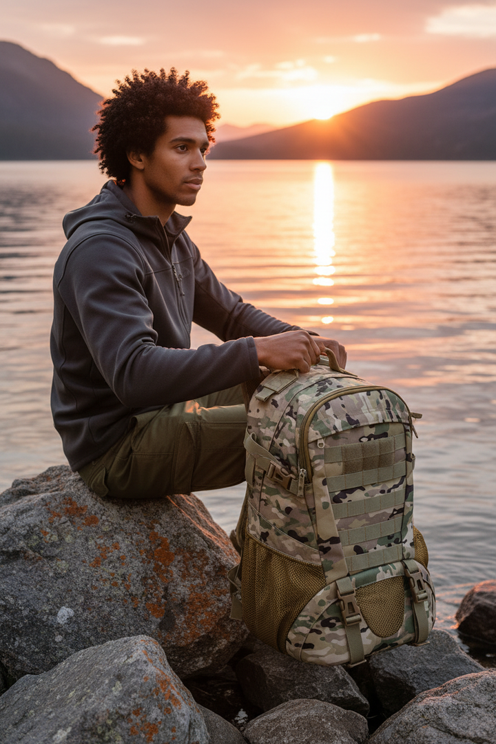 Mixed race man CP camo backpack mountain lake