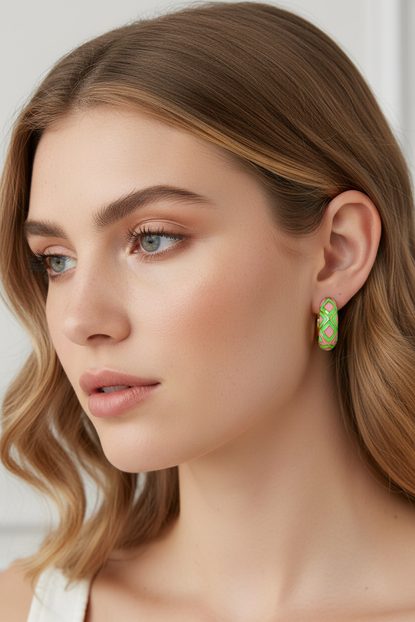 Timmy oil drip huggie earrings - Green Pink enamel geometric hoops model portrait