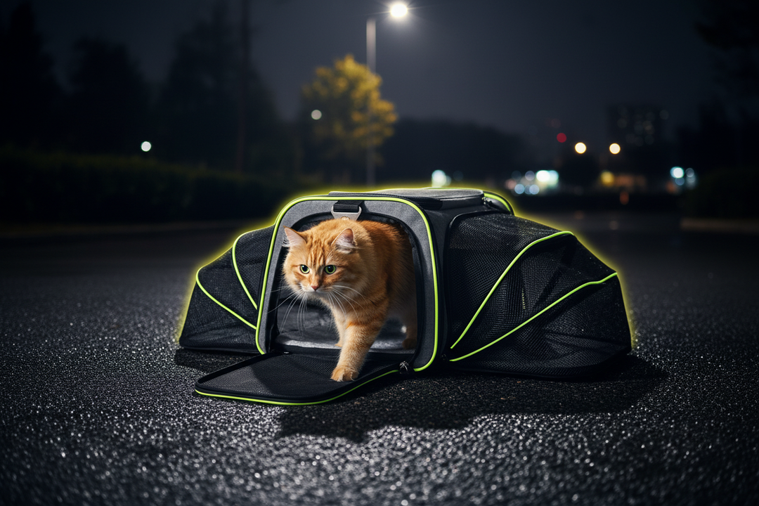 Night streetlamp cat exiting front door