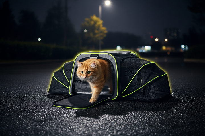 Night streetlamp cat exiting front door