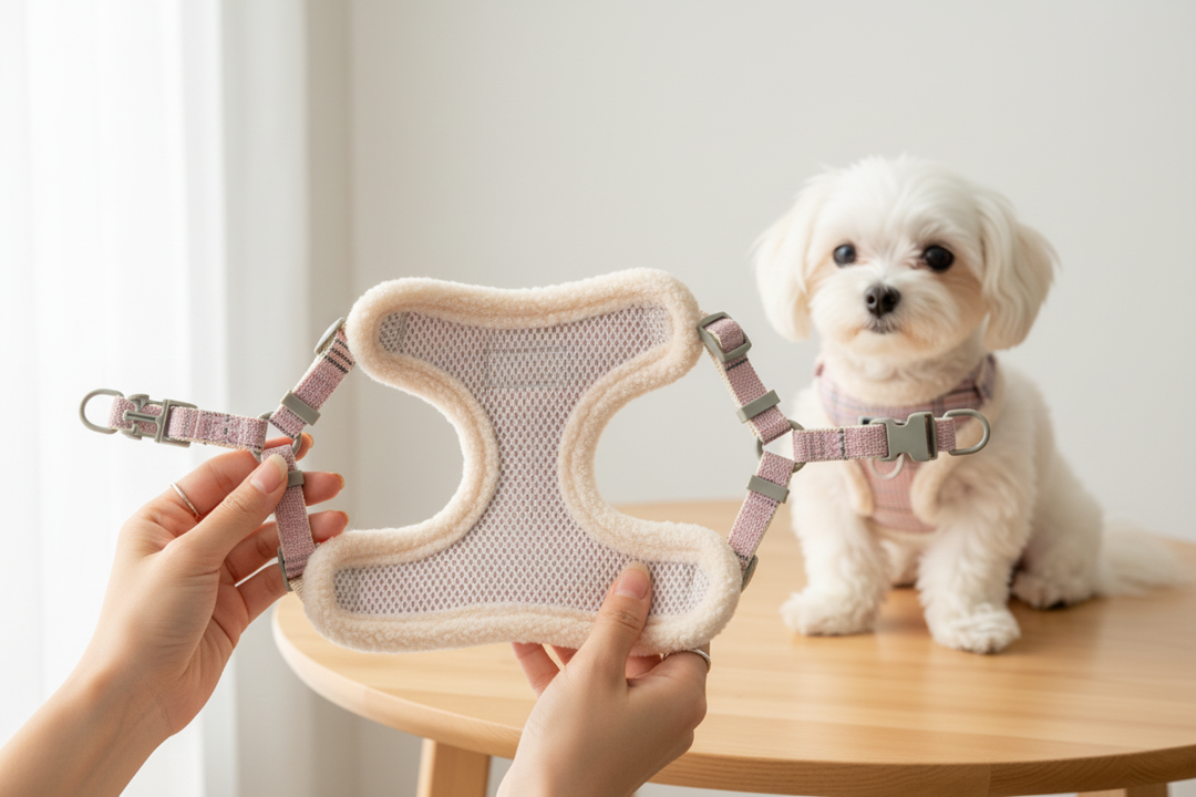 Owner displaying pink Pidog harness interior indoors