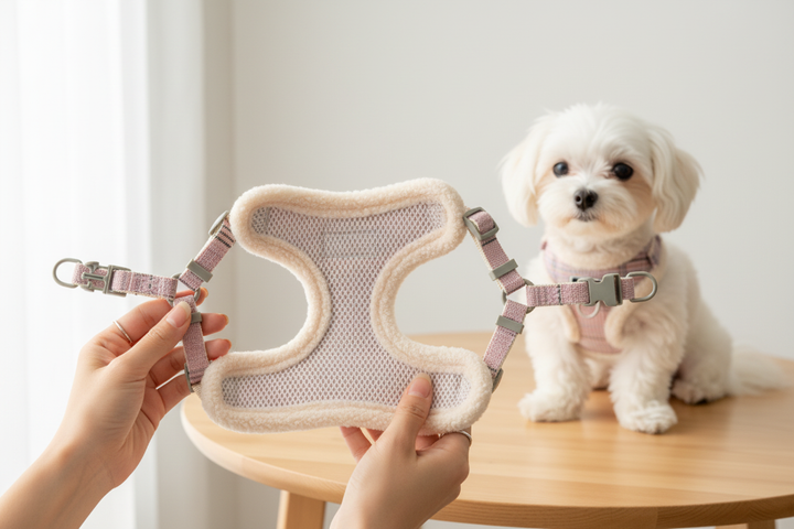 Owner displaying pink Pidog harness interior indoors