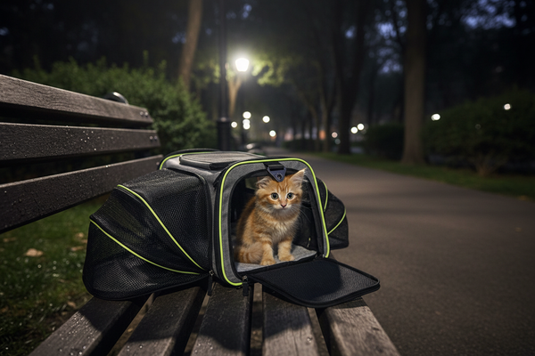 Park bench fully expanded cat inside