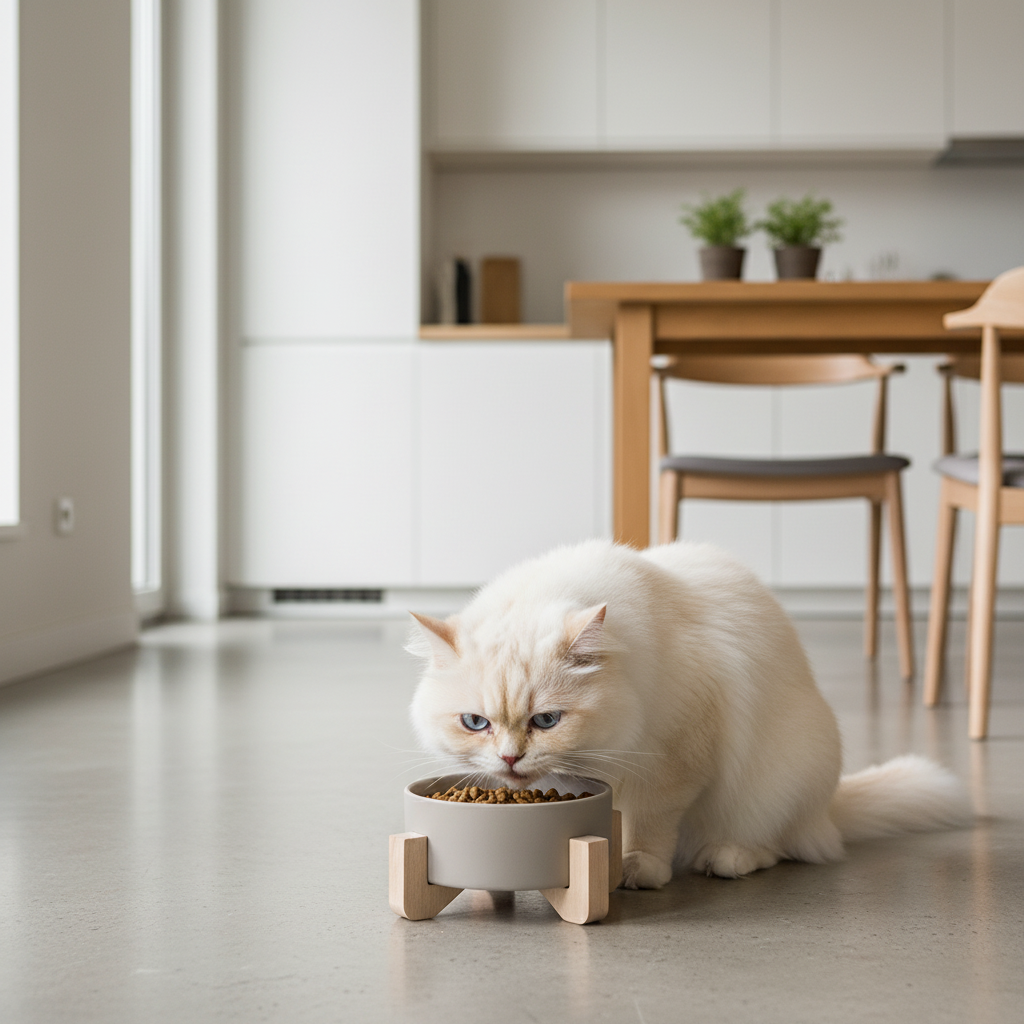 Persian Cat Eating from Grey Bowl