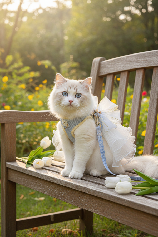Persian cat wearing lace flower harness in garden