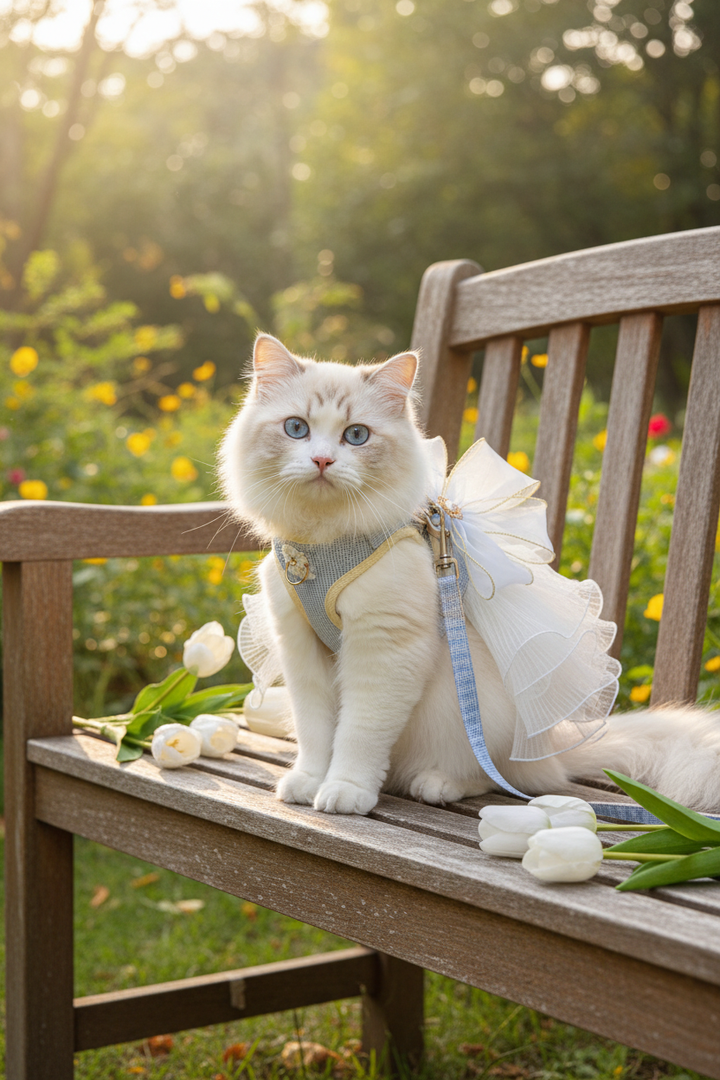 Persian cat wearing lace flower harness in garden