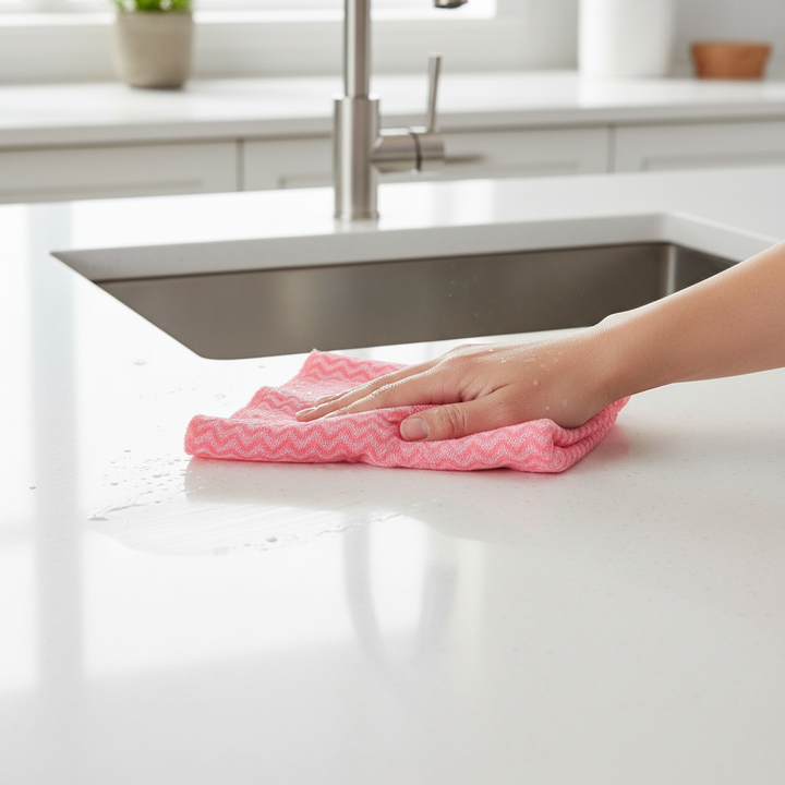 Pink cloth wiping kitchen countertop