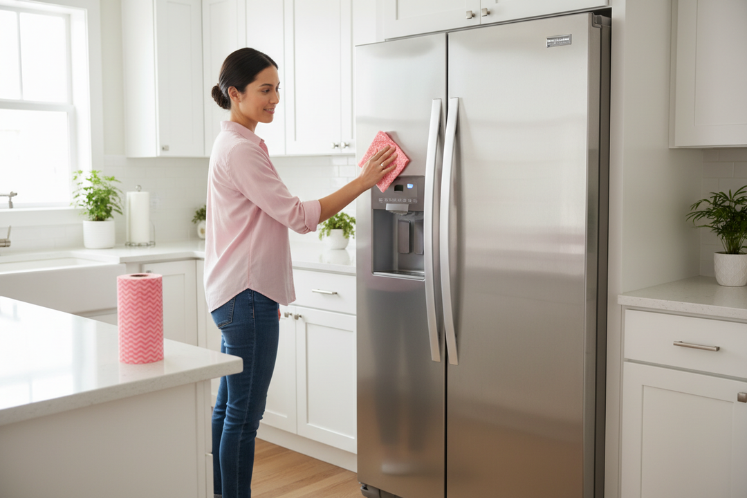 Pink cloth wiping stainless steel fridge