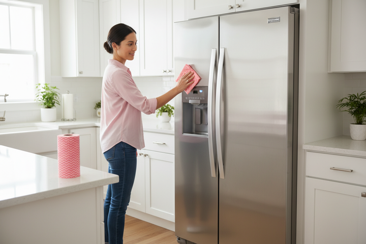 Pink cloth wiping stainless steel fridge