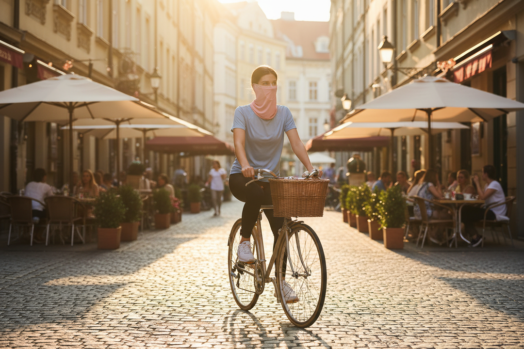Pink ice silk mask cycling cobblestone street