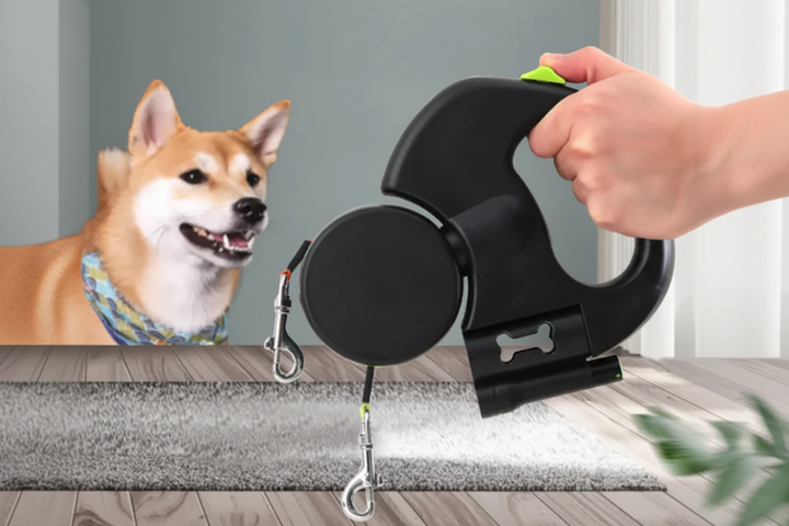 Retractable dual dog leash held in hand with Shiba Inu