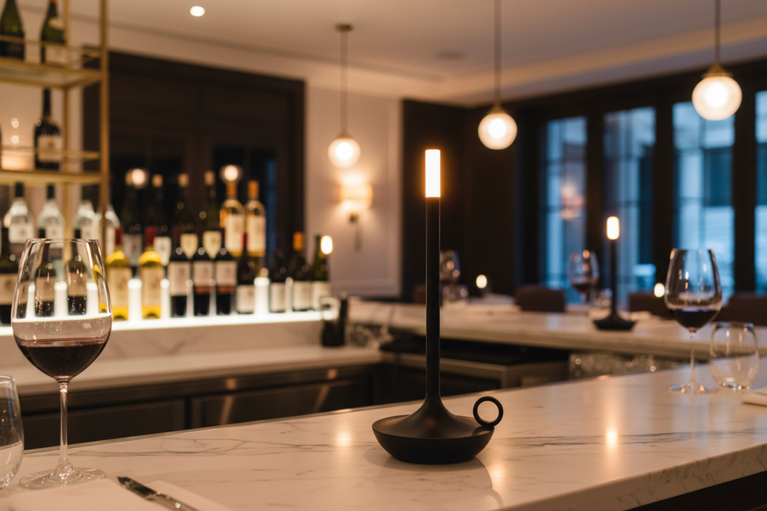 rose gold aluminum touch candle lamp on marble bar counter upscale restaurant