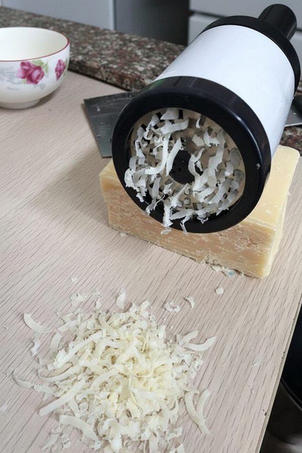 Rotary cheese grater grating parmesan on wooden board