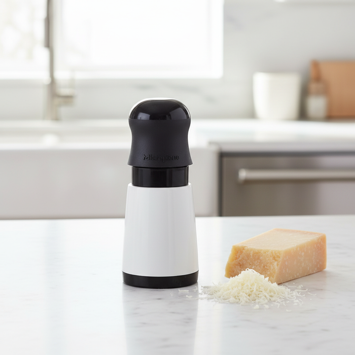 Rotary cheese grater with parmesan on marble counter