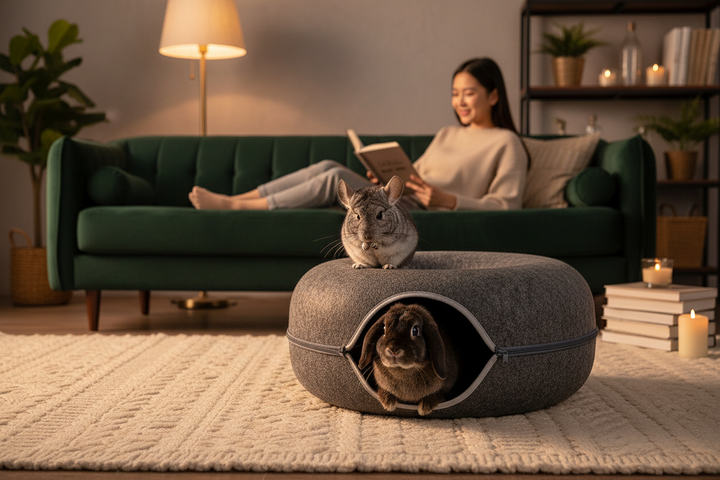 Scene 11 - Dark Grey, Chinchilla + Mini Rex Rabbit, reading