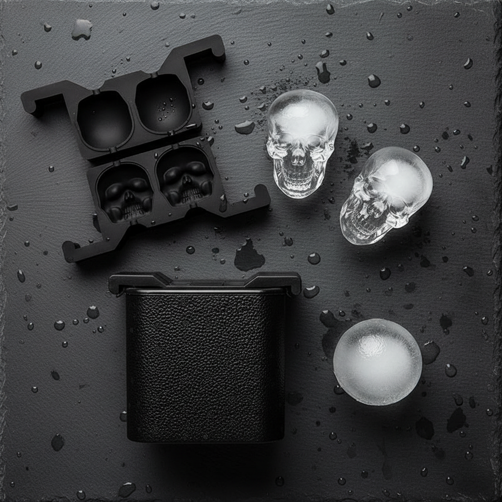 Flat lay of skull silicone mold open showing cavities, clear skull ice cubes, and round ice ball mold on dark slate