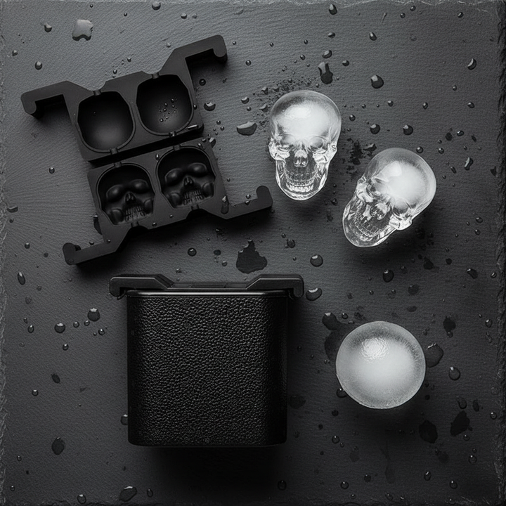 Flat lay of skull silicone mold open showing cavities, clear skull ice cubes, and round ice ball mold on dark slate