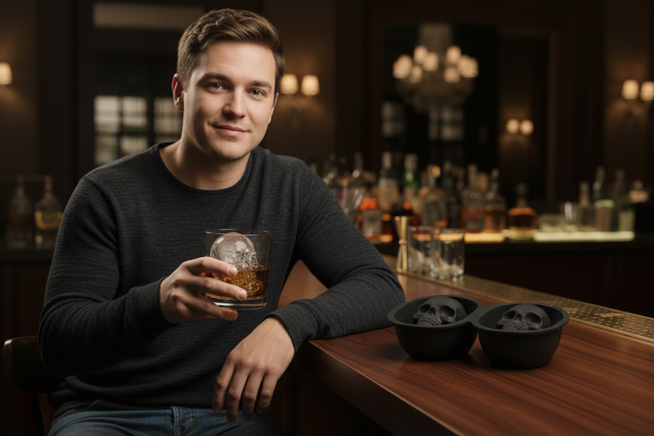 Silicone skull ice mold - man holding rocks glass with large clear skull ice cube in whiskey at home bar
