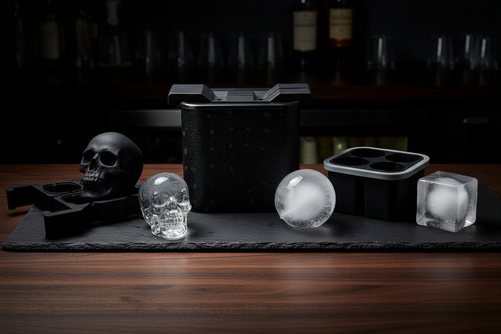 Three silicone ice molds displayed: skull mold, round ice ball mold with hard case, and large square ice cube mold on bar counter