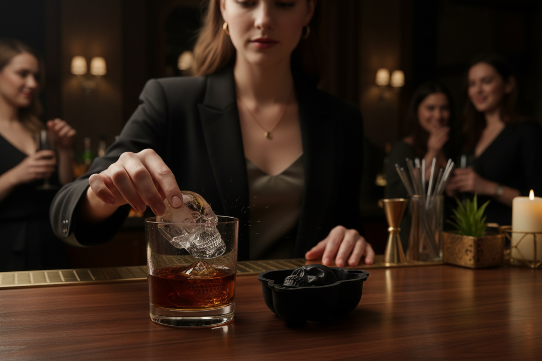 Silicone skull ice cube mold - woman dropping clear skull-shaped ice into cocktail glass at party