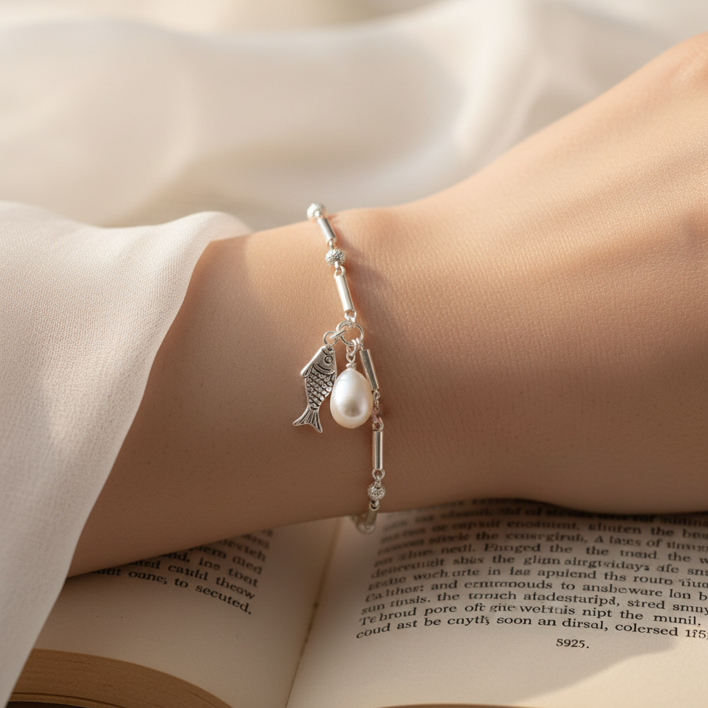 Sterling silver fish pearl bracelet on wrist with chiffon and book