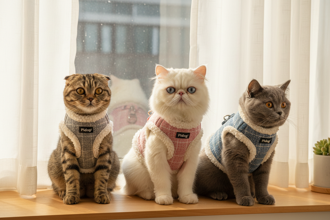 Three cats on windowsill with Pidog harness