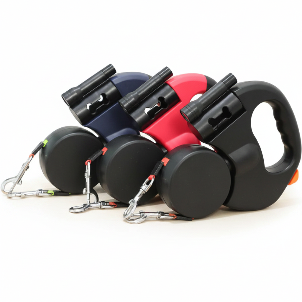 Three color retractable dual dog leashes comparison