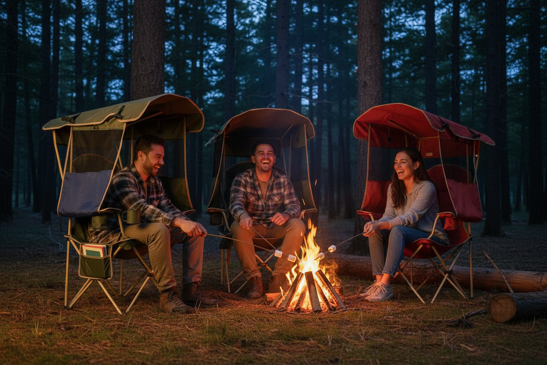 Three friends around campfire