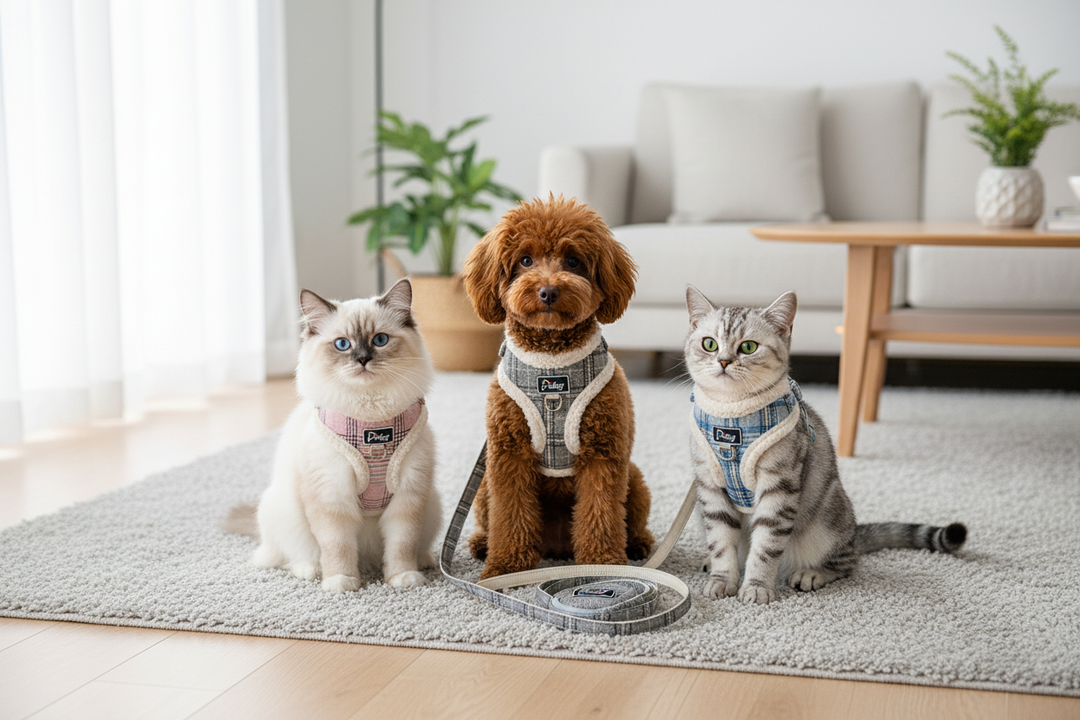Two cats and one dog in living room with Pidog harness