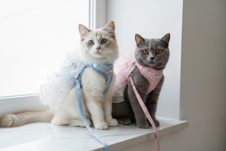 Two cats on windowsill wearing lace harnesses