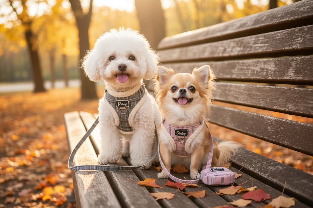 Two dogs on park bench with Pidog harness