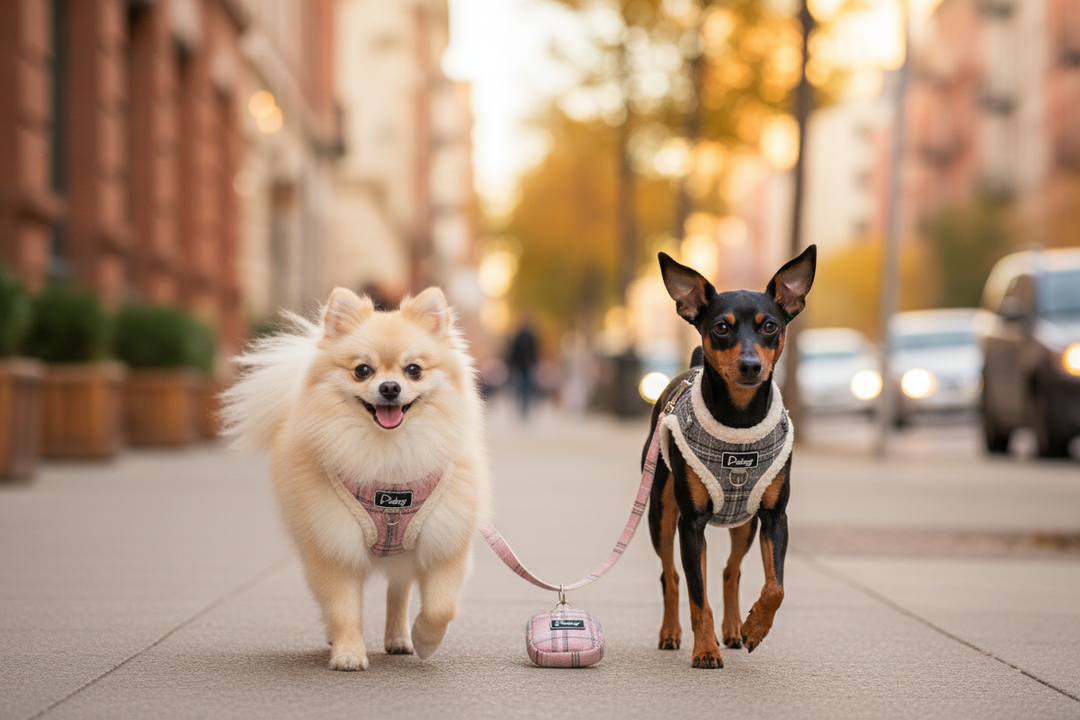 Two dogs walking on city street with Pidog harness