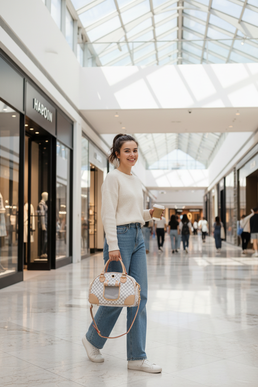 White checkerboard pet carrier in shopping mall