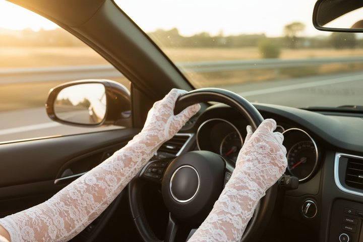 White lace gloves driving car