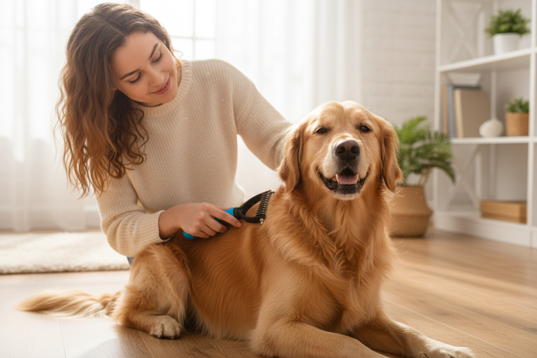 Woman grooming golden retriever dog lifestyle