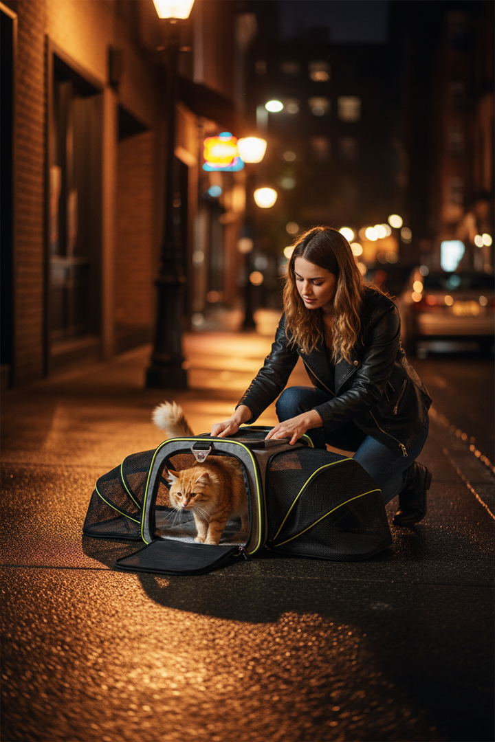 Woman helping cat exit night portrait