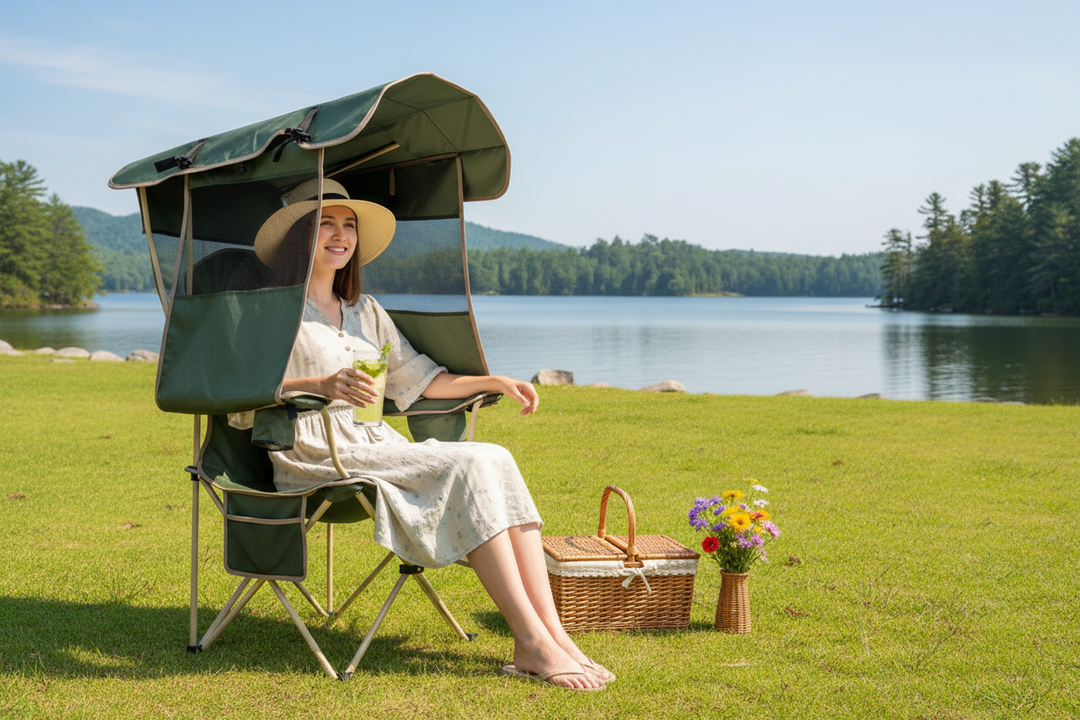 Woman solo picnic army green chair