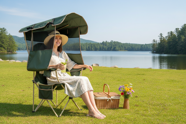 Woman solo picnic army green chair