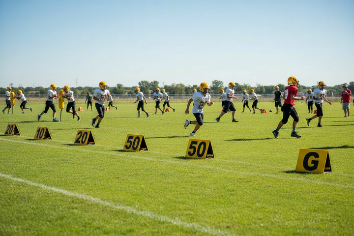Youth football team practice with markers